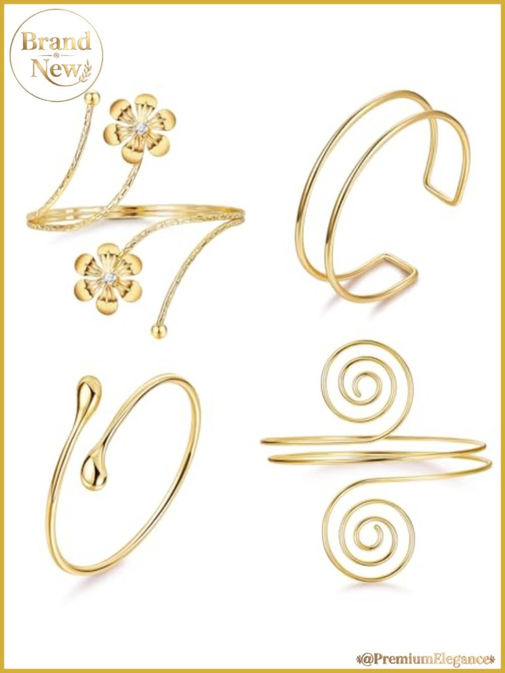 Women's Adjustable Arm Cuff Bracelets Set of 4 Gold Plated
